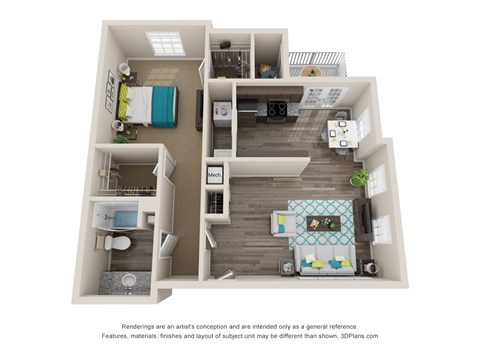 Floor plan for 1 bed, 1 bath, 766 sqft